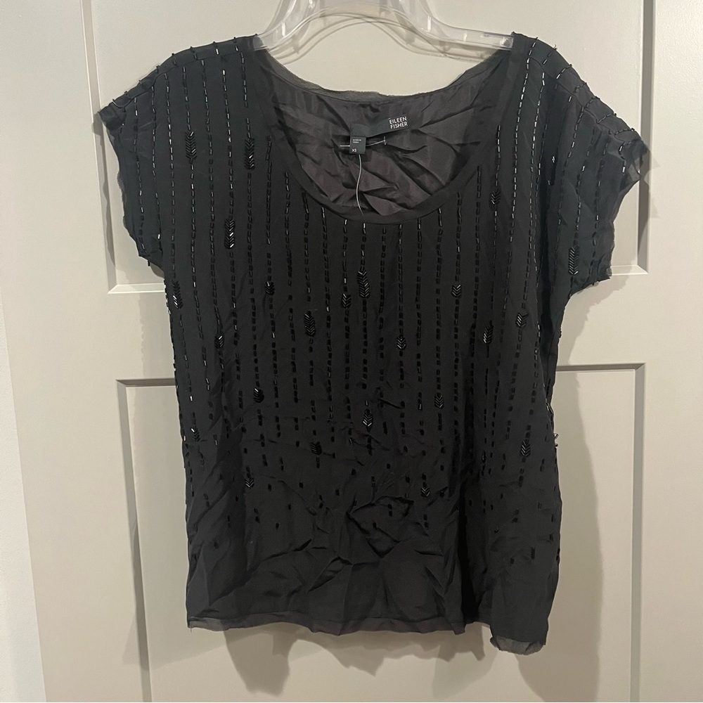 NWT Eileen Fisher XS Black Scoop Neck Blouse Beaded Short Sleeve Silk Cap Sleeve